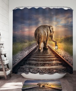 Track-Walking Elephant Shower Curtain, Decorative Bath Accessory 