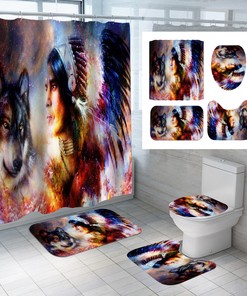 Traditional 3D Wolf Native American Indian Shower Curtain For Home Bathroom