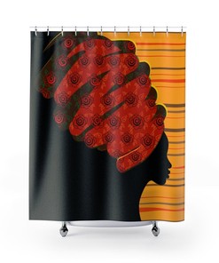 Traditional African Turban Kente Head Wrap Shower Curtain, Afro American Bathroom Decor With Dashiki Print