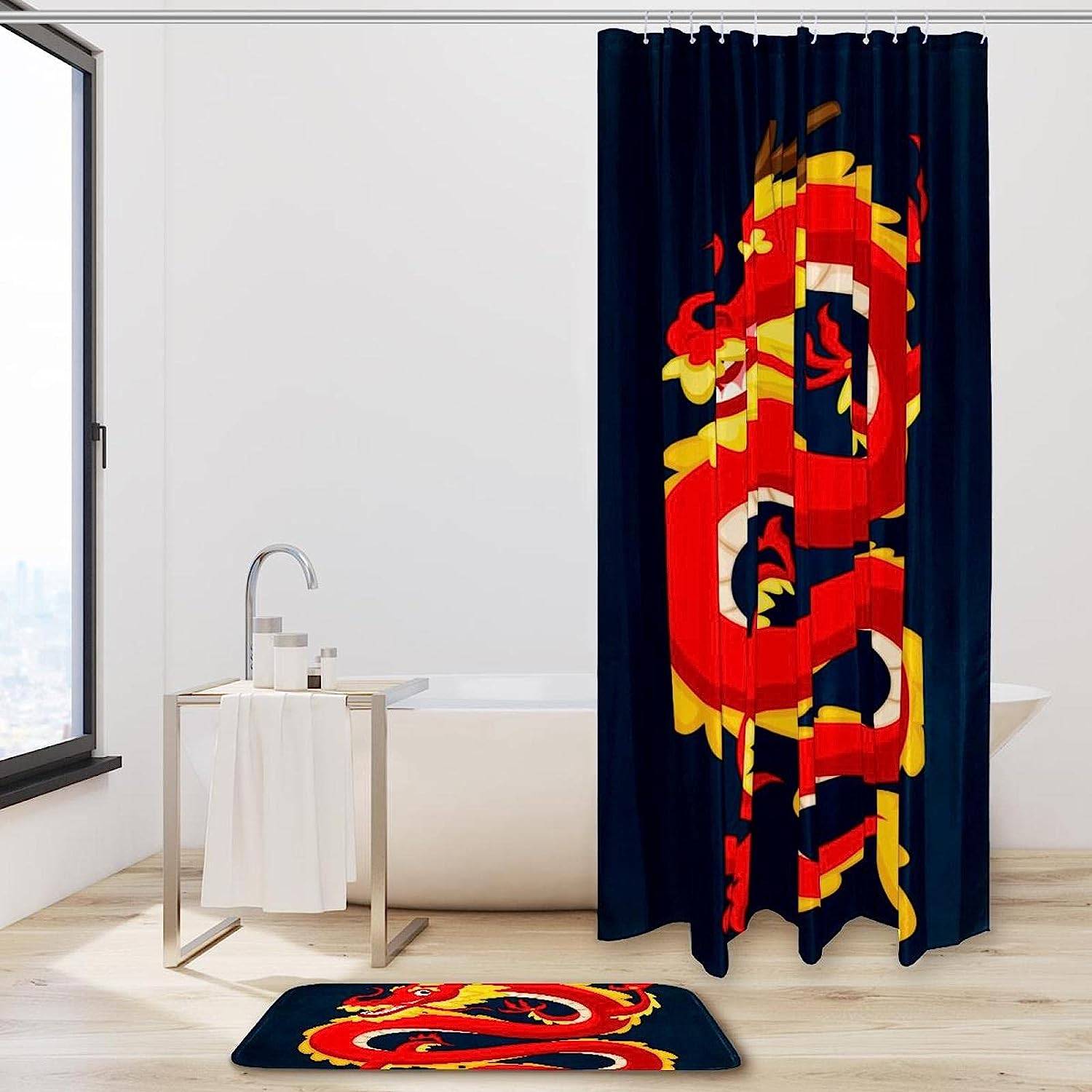 Traditional Chinese Dragon Red Sun-themed Waterproof Shower Curtain for Bathroom