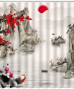 Traditional Ink Painting Red Plum Blossom Koi Fish Shower Curtain