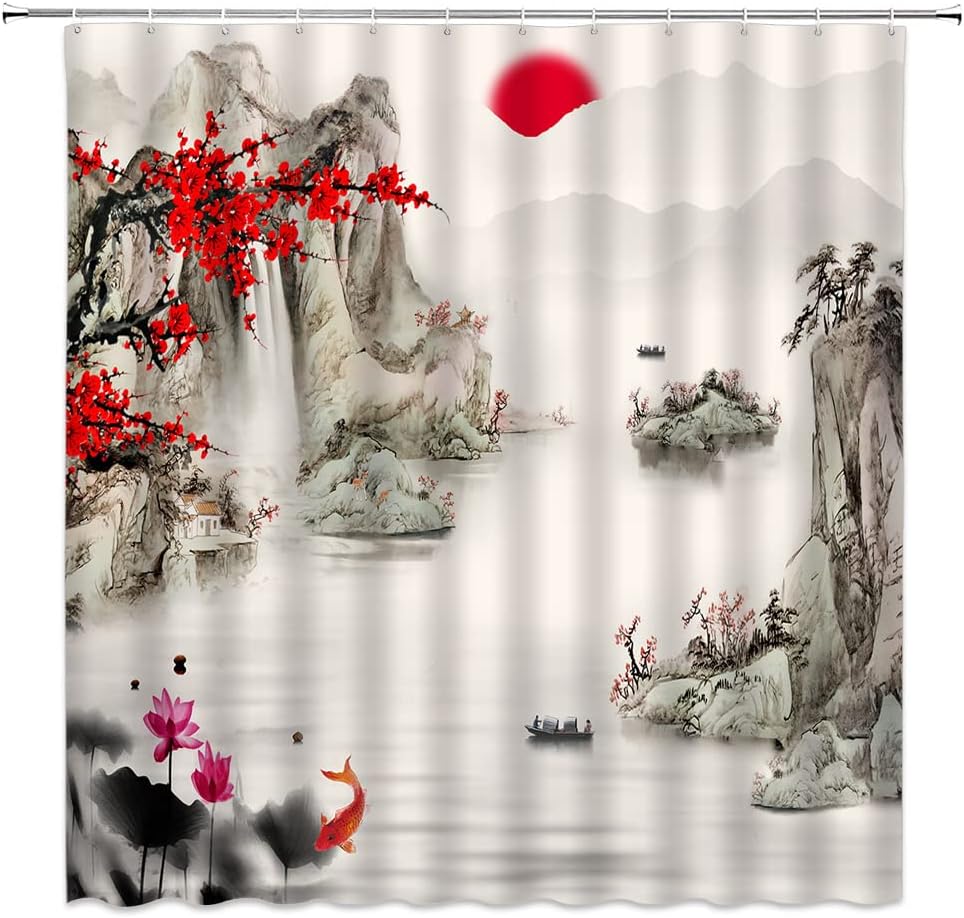 Traditional Ink Painting Red Plum Blossom Koi Fish Shower Curtain