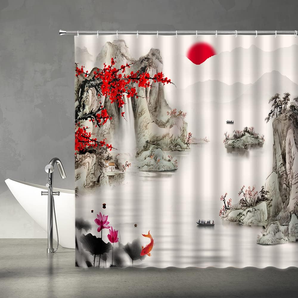 Traditional Ink Painting Red Plum Blossom Koi Fish Shower Curtain - Image 2