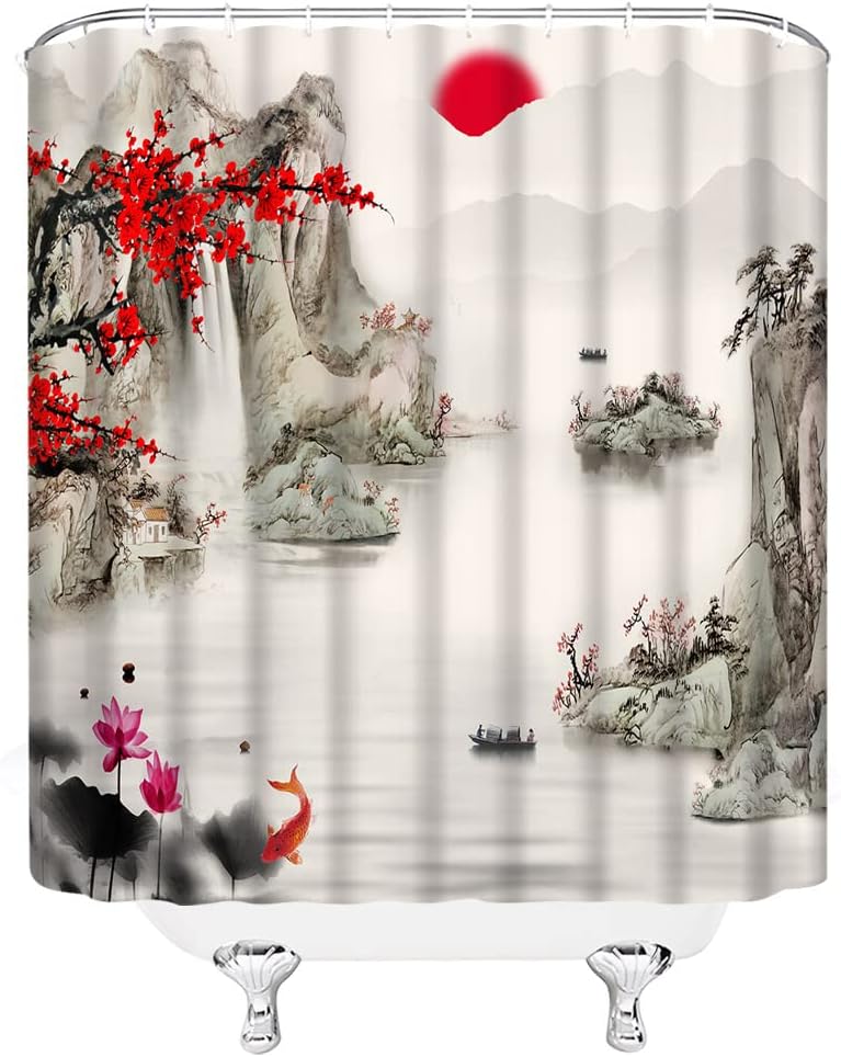 Traditional Ink Painting Red Plum Blossom Koi Fish Shower Curtain - Image 3