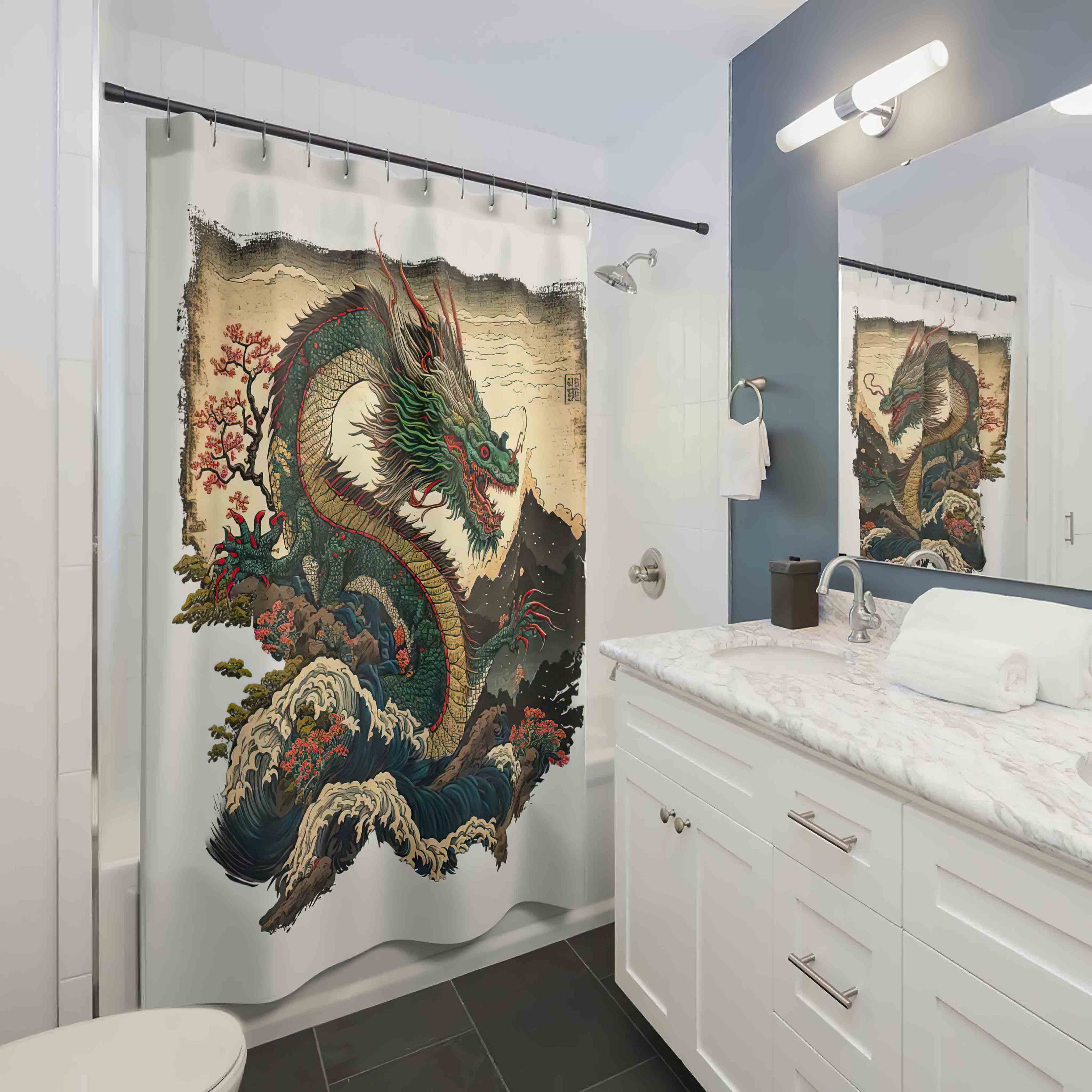Traditional Japanese Art Drache Duschvorhang Shower Curtain For A Serene Bathroom - Image 4