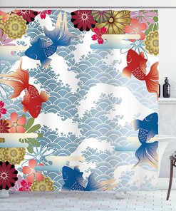 Traditional Japanese Background Shower Curtain with Soft Tone Koi Fish Floral Folk Design - Print Shower Curtain