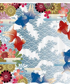 Traditional Japanese Background Shower Curtain with Soft Tone Koi Fish Floral Folk Design - Print Shower Curtain