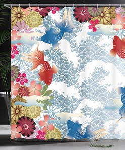 Traditional Japanese Background Shower Curtain with Soft Tone Koi Fish Floral Folk Design - Print Shower Curtain