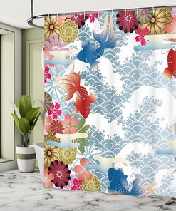 Traditional Japanese Background Shower Curtain with Soft Tone Koi Fish Floral Folk Design - Print Shower Curtain