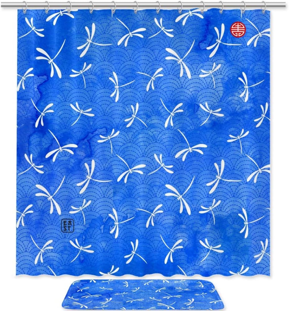 Traditional Japanese Dragonflies Shower Curtain Memory Foam Bathroom Waterproof Fabric