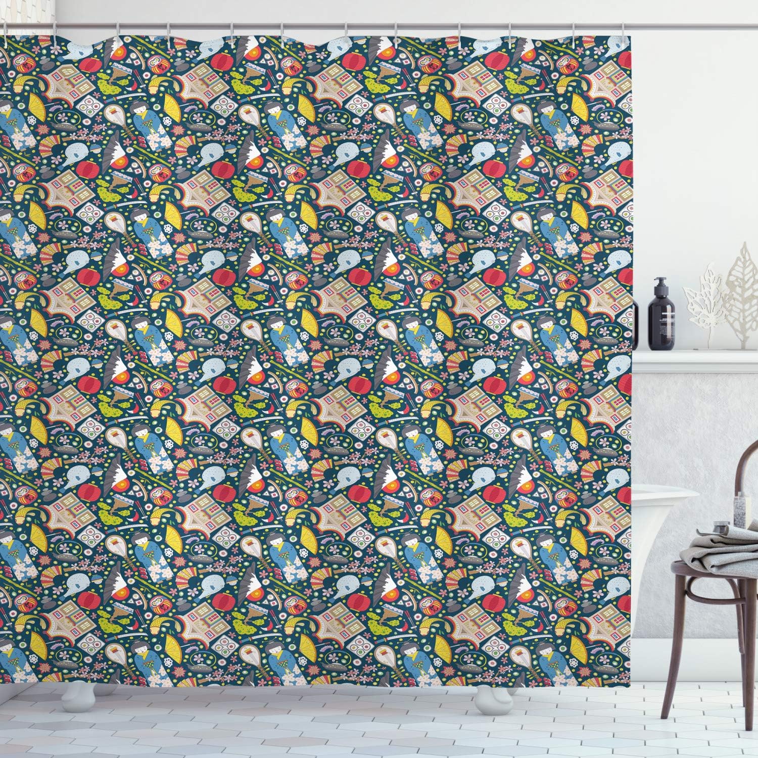 Traditional Japanese Geisha and Koi Carp Fish Shower Curtain, Cloth Fabric Bathroom Decor with Sakura