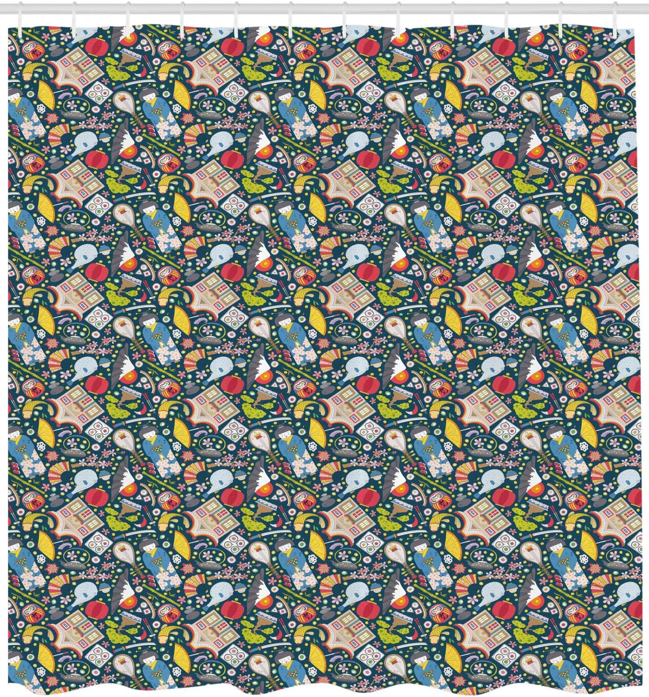 Traditional Japanese Geisha and Koi Carp Fish Shower Curtain, Cloth Fabric Bathroom Decor with Sakura