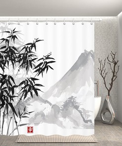 Traditional Japanese Ink Painting Bamboo And Mountain Shower Curtain