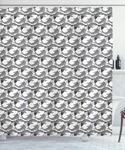 Traditional Japanese Koi Fish Pattern Shower Curtain, Cloth Fabric Bathroom Decor in Black and White