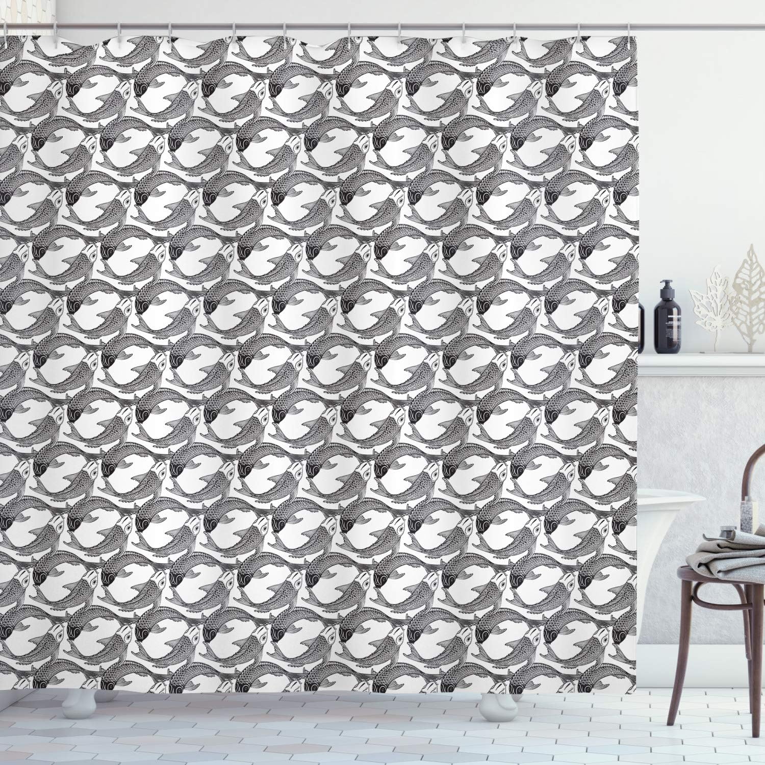Traditional Japanese Koi Fish Pattern Shower Curtain, Cloth Fabric Bathroom Decor in Black and White
