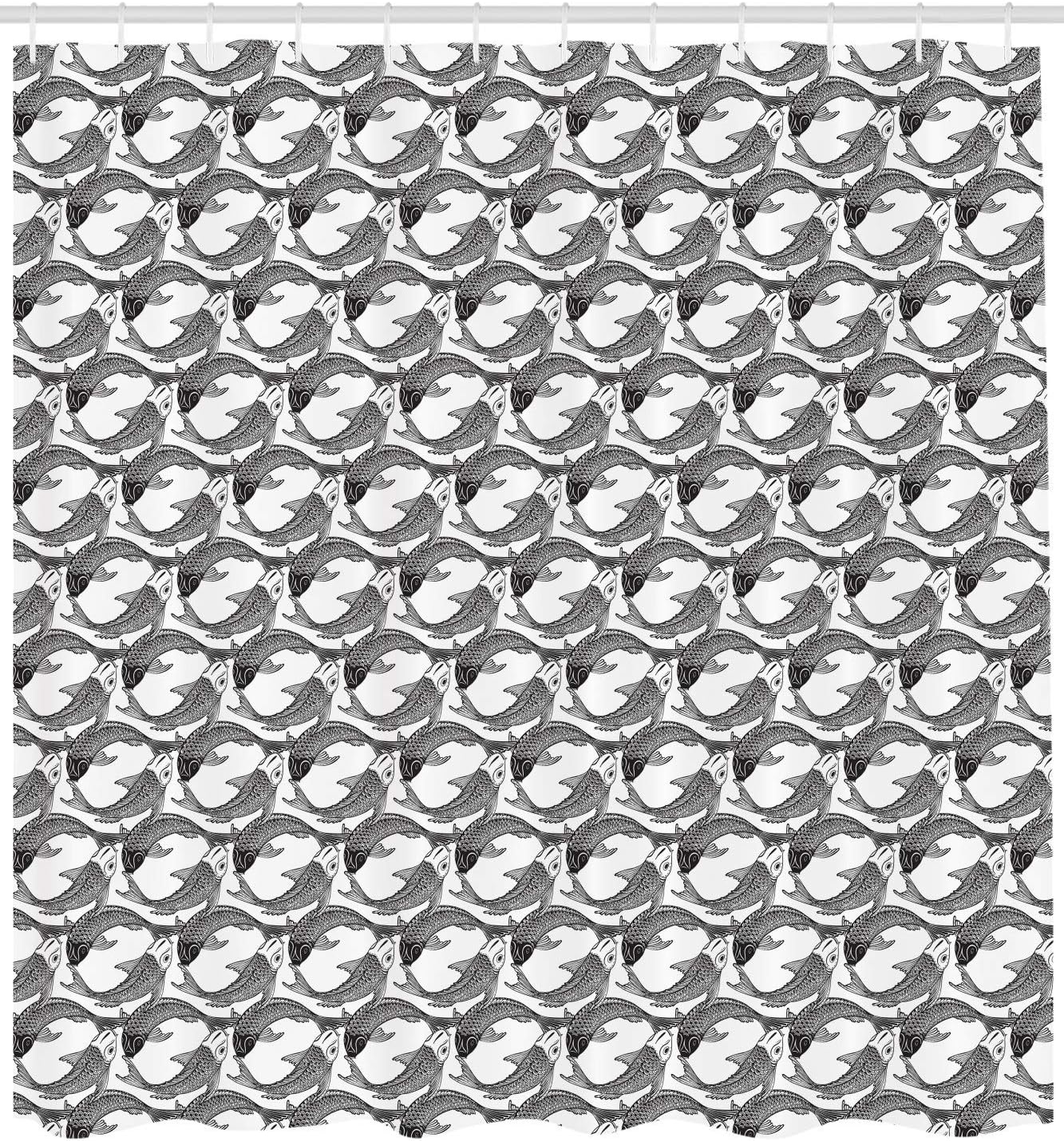 Traditional Japanese Koi Fish Pattern Shower Curtain, Cloth Fabric Bathroom Decor in Black and White