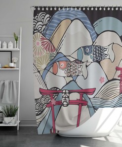 Traditional Japanese Print Shower Curtain - Waterproof Bathroom Decor with Asian Landscape and Nature Theme