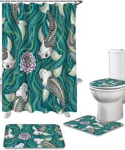 Traditional Japanese Style Green Background With Koi Fish Lotus Flowers Design Waterproof Bathroom Curtains Decorative