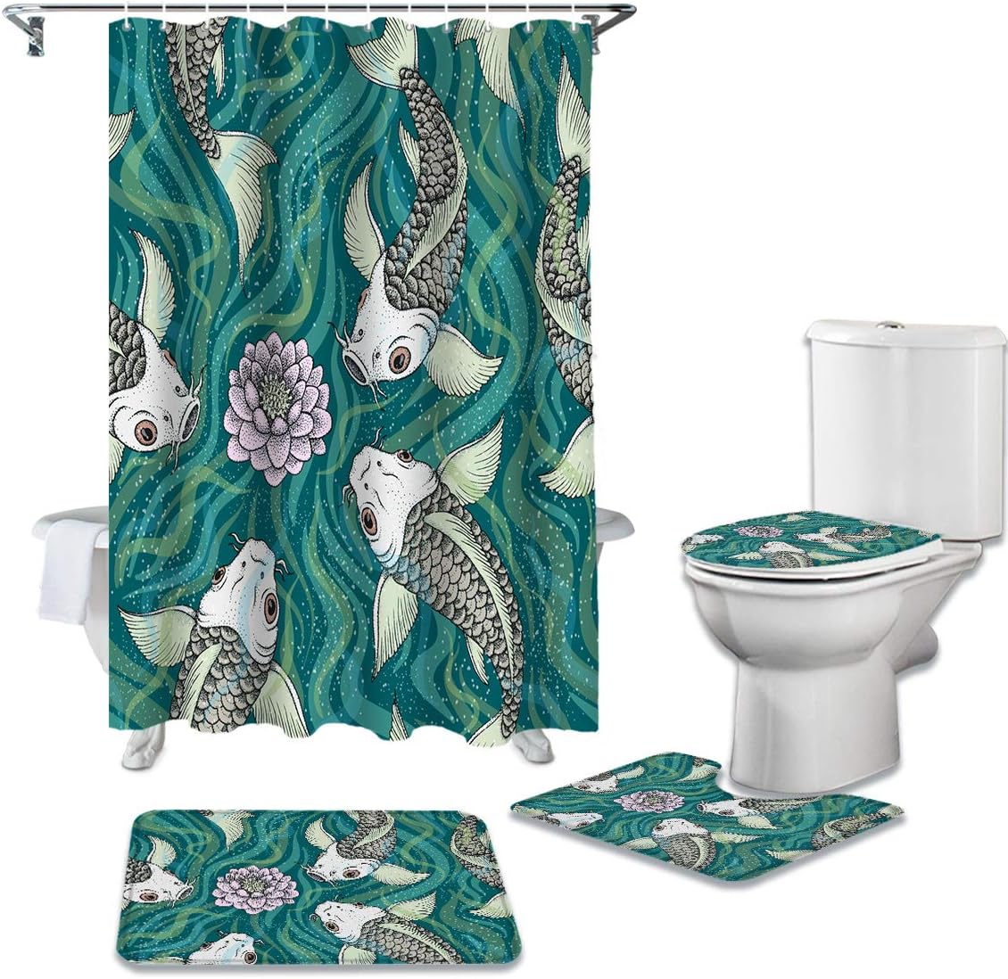 Traditional Japanese Style Green Background With Koi Fish Lotus Flowers Design Waterproof Bathroom Curtains Decorative