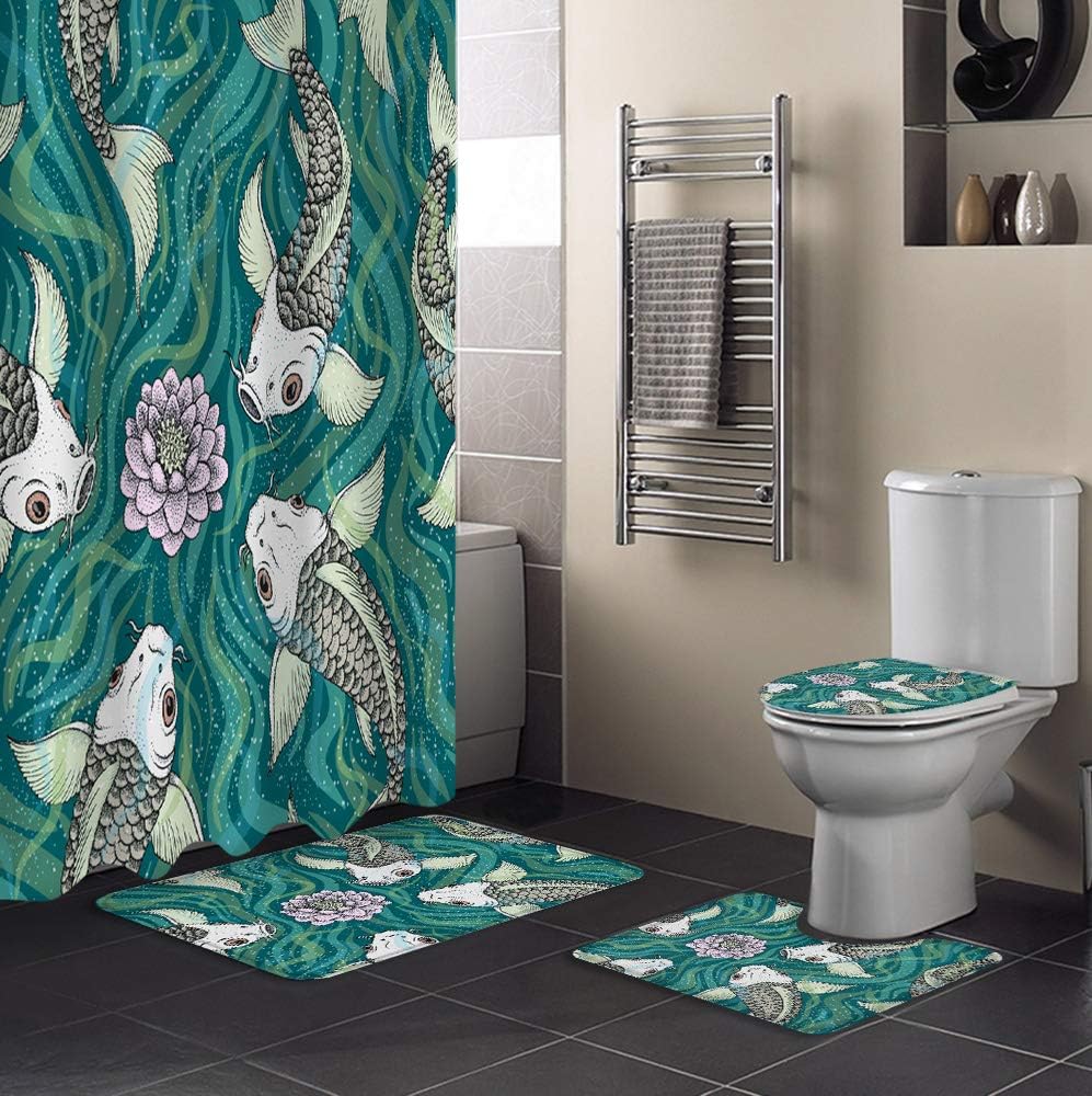 Traditional Japanese Style Green Background With Koi Fish Lotus Flowers Design Waterproof Bathroom Curtains Decorative - Image 2