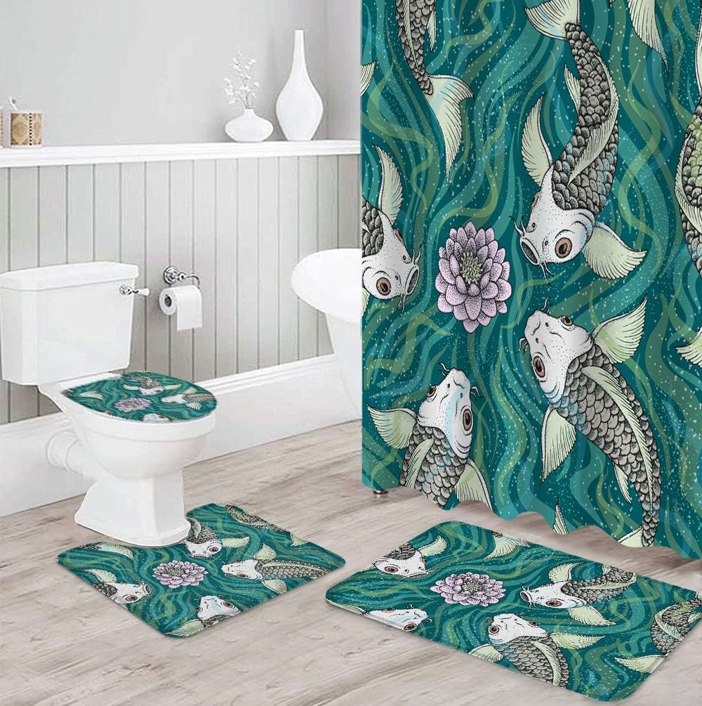 Traditional Japanese Style Green Background With Koi Fish Lotus Flowers Design Waterproof Bathroom Curtains Decorative - Image 3