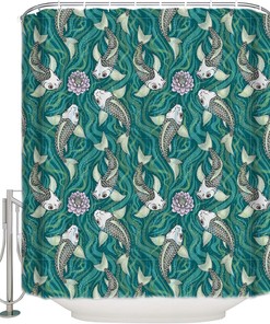 Traditional Japanese Style Koi Fish Lotus Flowers Shower Curtain - Artistic Bathroom Decor