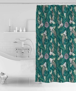 Traditional Japanese Style Koi Fish Lotus Flowers Shower Curtain - Artistic Bathroom Decor