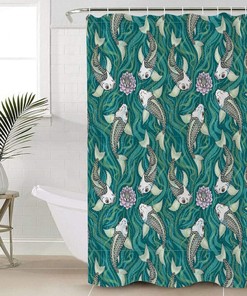 Traditional Japanese Style Koi Fish Lotus Flowers Shower Curtain - Artistic Bathroom Decor