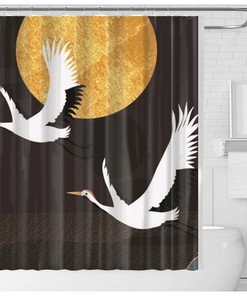 Traditional Japanese Style Red Shower Crane Bamboo Free Flying Birds Shower Curtain- The Perfect Combo