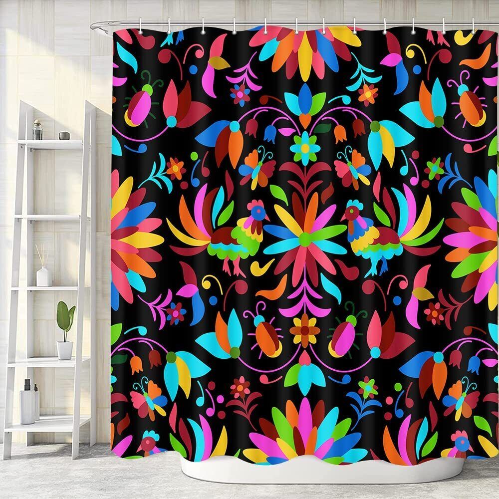 Traditional Mexican Otomi Style Bright Floral Shower Curtain for a Vibrant Bathroom Look