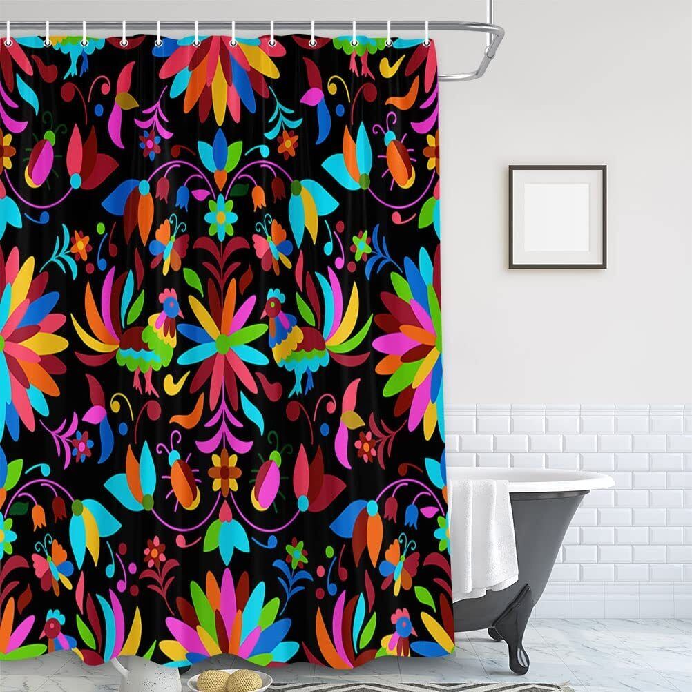 Traditional Mexican Otomi Style Bright Floral Shower Curtain for a Vibrant Bathroom Look