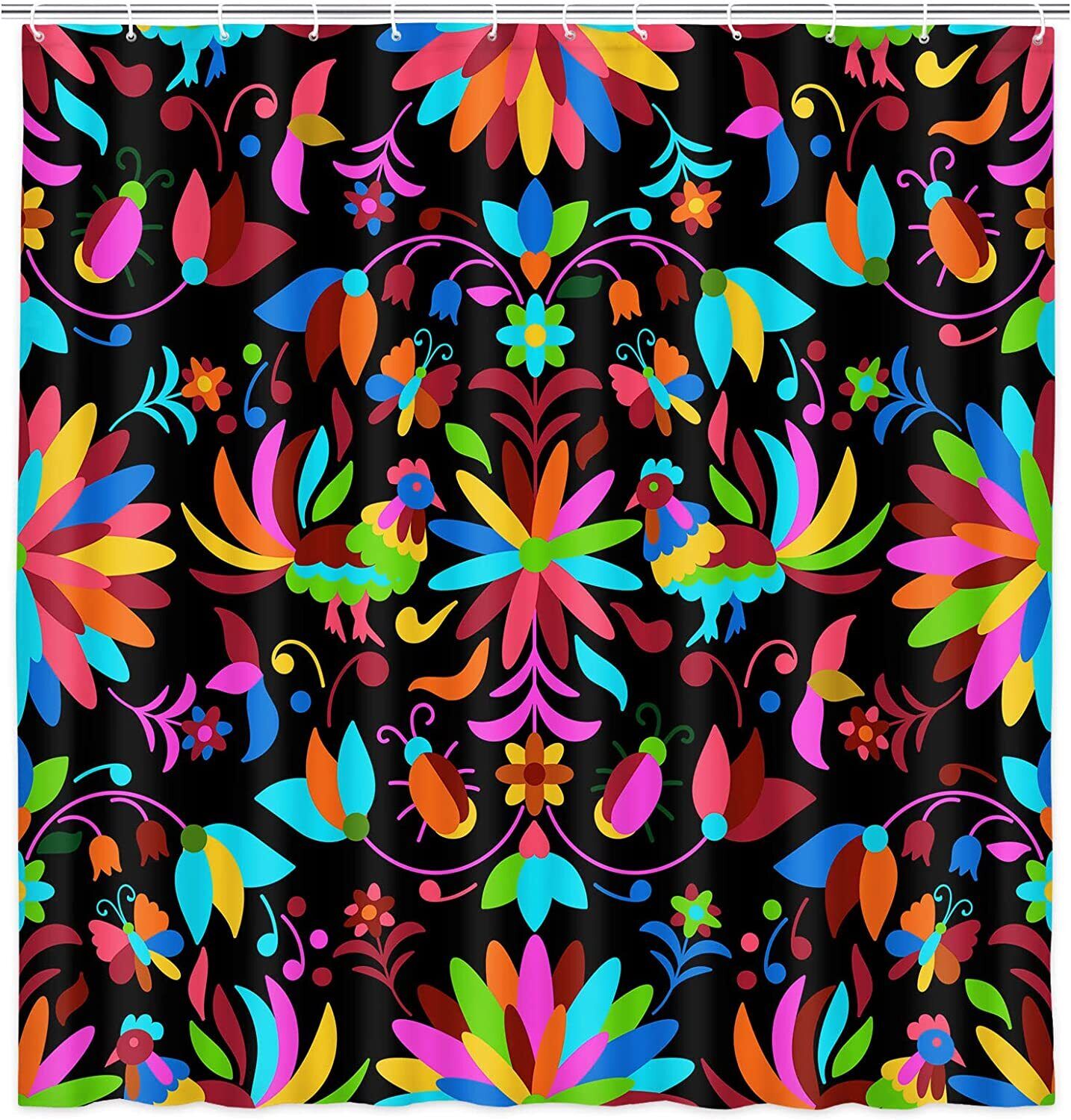 Traditional Mexican Otomi Style Bright Floral Shower Curtain for a Vibrant Bathroom Look