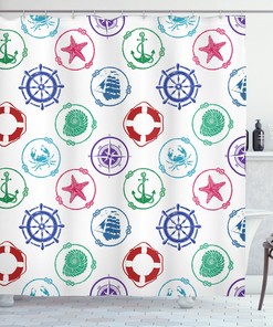 Traditional Nautical Shower Curtain with Wheel Compass Anchor Print - Perfect Accessory for Your Bathroom Decor