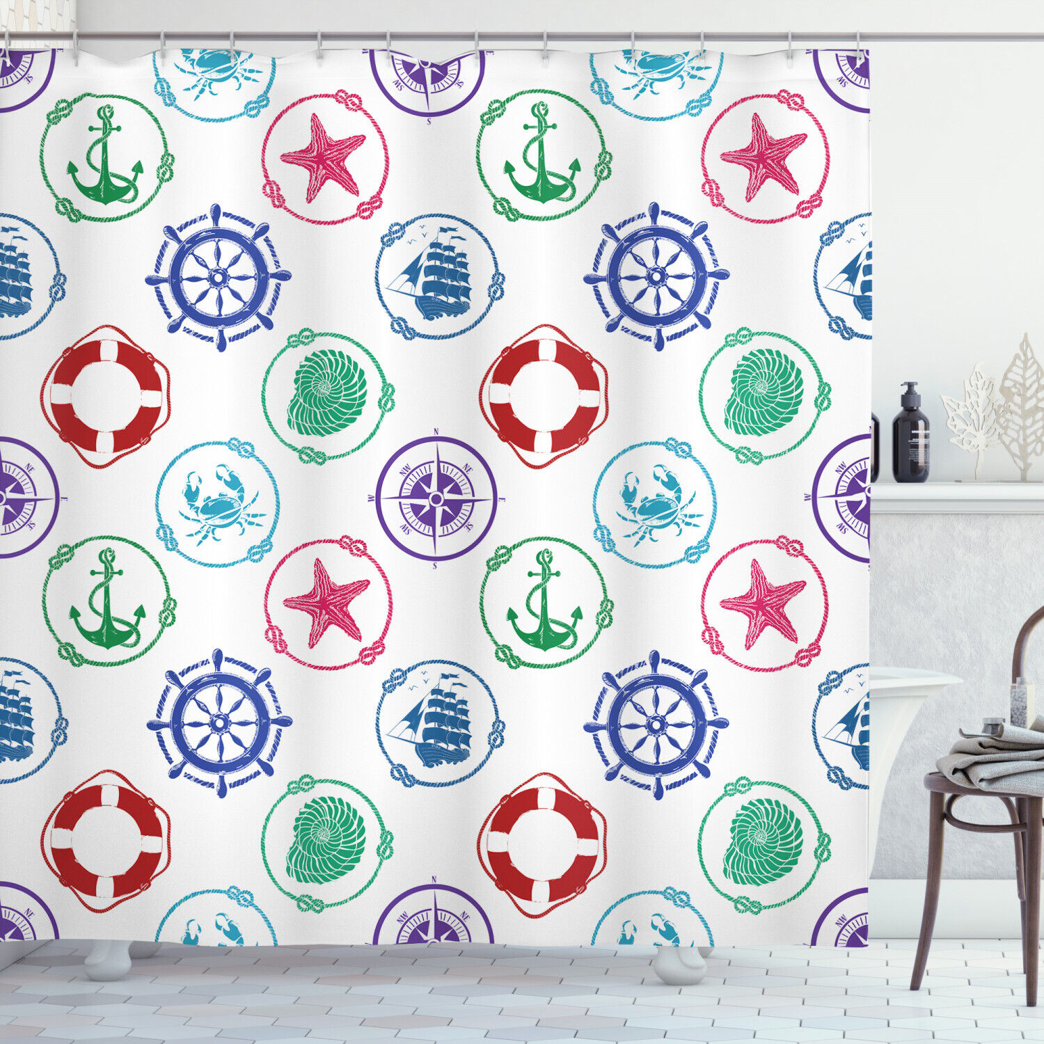Traditional Nautical Shower Curtain with Wheel Compass Anchor Print - Perfect Accessory for Your Bathroom Decor