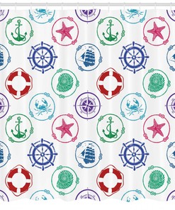 Traditional Nautical Shower Curtain with Wheel Compass Anchor Print - Perfect Accessory for Your Bathroom Decor