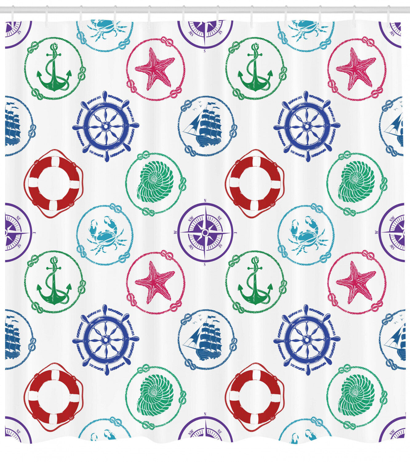 Traditional Nautical Shower Curtain with Wheel Compass Anchor Print - Perfect Accessory for Your Bathroom Decor