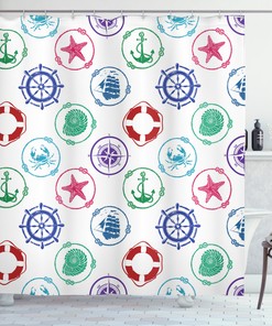 Traditional Nautical Shower Curtain with Wheel Compass Anchor Print - Perfect Accessory for Your Bathroom Decor