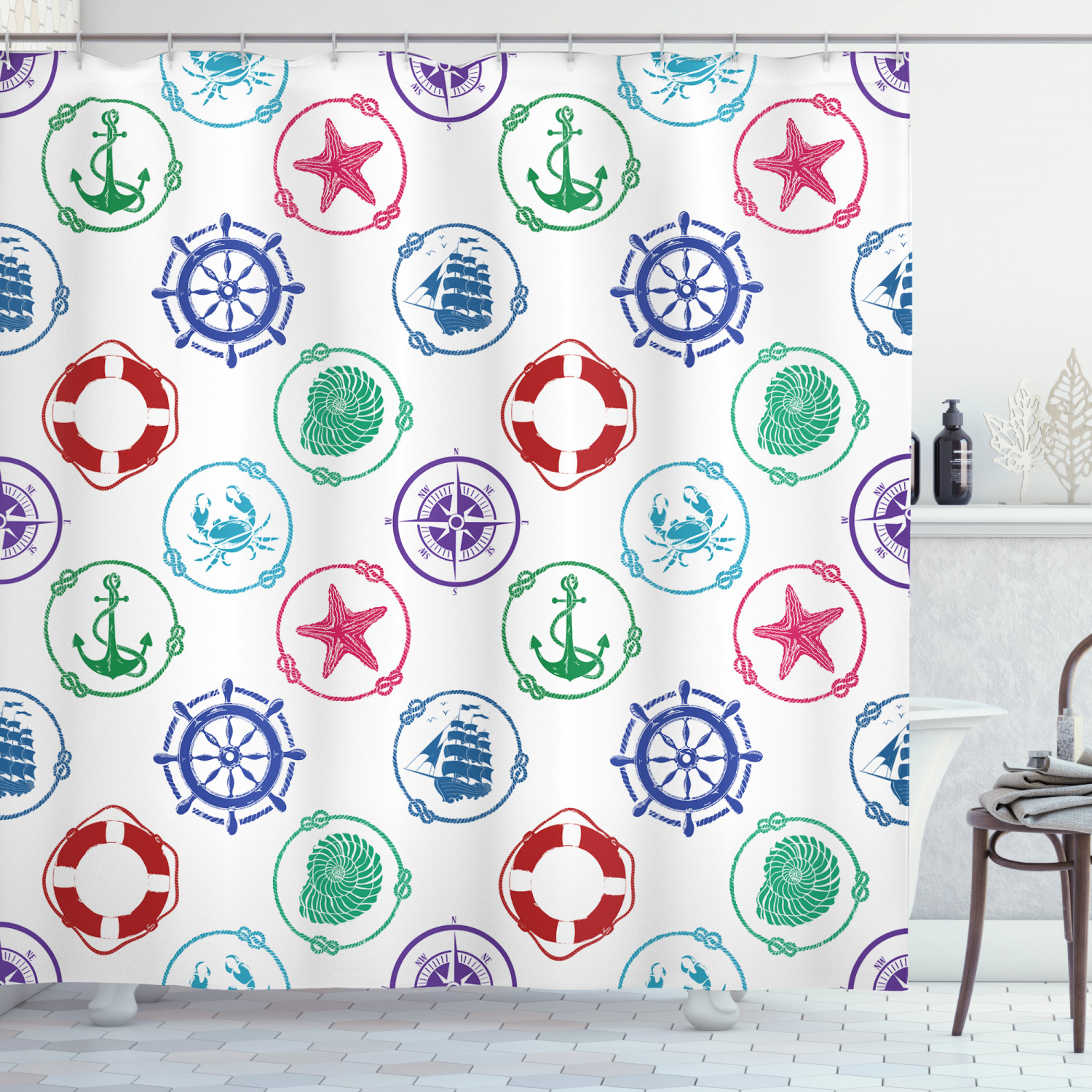 Traditional Nautical Shower Curtain with Wheel Compass Anchor Print - Perfect Accessory for Your Bathroom Decor