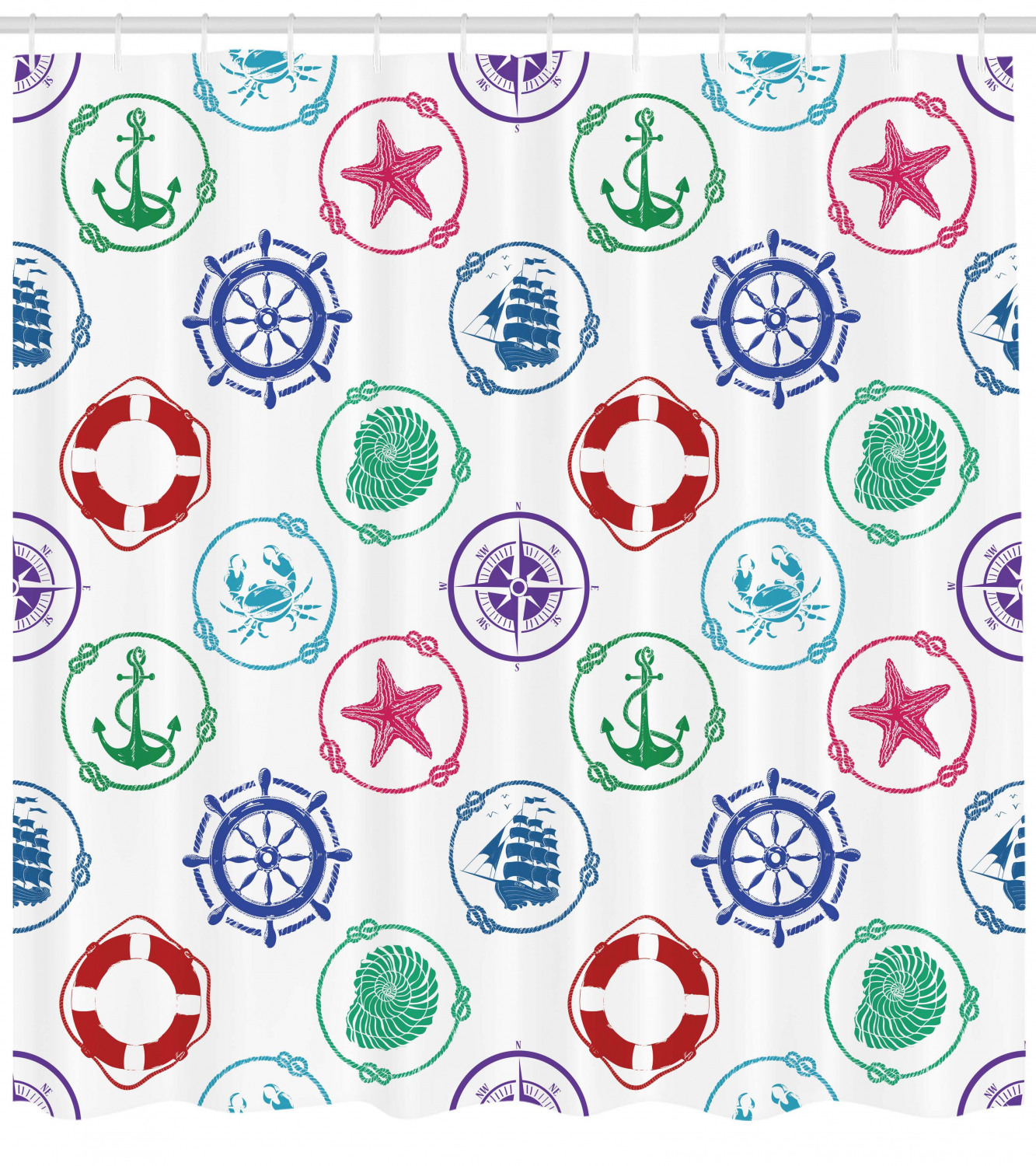 Traditional Nautical Shower Curtain with Wheel Compass Anchor Print - Perfect Accessory for Your Bathroom Decor