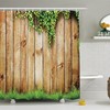 Traditional Rustic Shower Curtain, Fresh Spring Season Grass And Leaf Plant With Old Wood Fence Photo