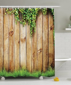 Traditional Rustic Shower Curtain, Fresh Spring Season Grass And Leaf Plant With Old Wood Fence Photo