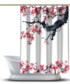 Traditional Sakura Ink Drawing Flowers Waterproof Fabric Bathroom Shower Curtain