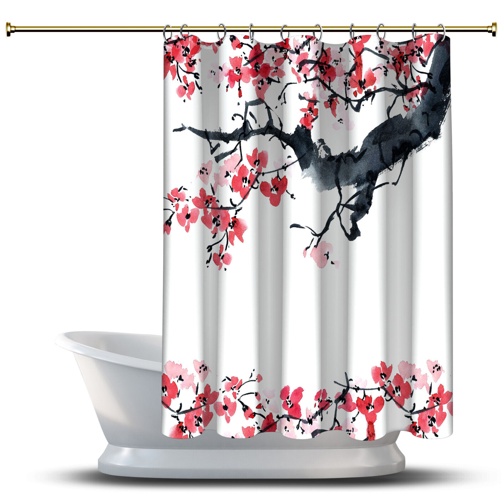 Traditional Sakura Ink Drawing Flowers Waterproof Fabric Bathroom Shower Curtain