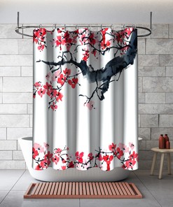 Traditional Sakura Ink Drawing Flowers Waterproof Fabric Bathroom Shower Curtain