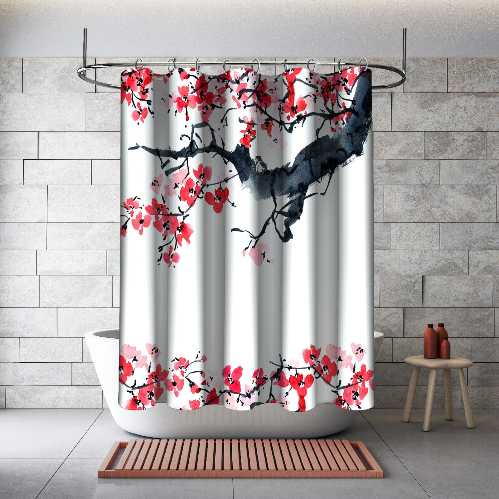 Traditional Sakura Ink Drawing Flowers Waterproof Fabric Bathroom Shower Curtain
