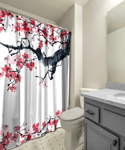 Traditional Sakura Ink Drawing Flowers Waterproof Fabric Bathroom Shower Curtain