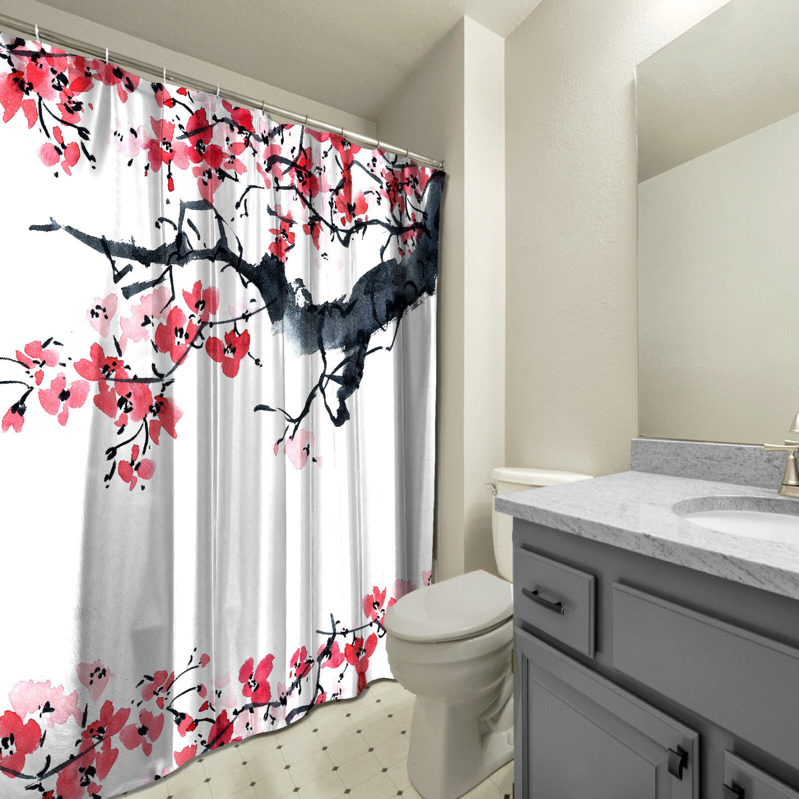 Traditional Sakura Ink Drawing Flowers Waterproof Fabric Bathroom Shower Curtain