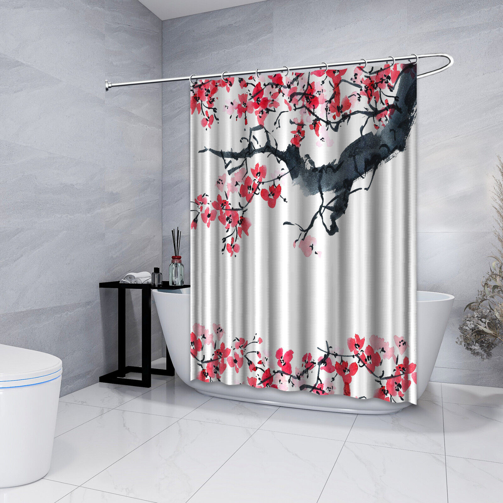 Traditional Sakura Ink Drawing Flowers Waterproof Fabric Bathroom Shower Curtain