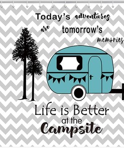 Trailer Travel Shower Curtain, Tree Stripes Bathroom Decor 