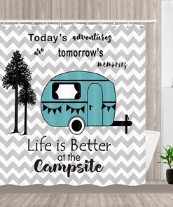 Trailer Travel Shower Curtain, Tree Stripes Bathroom Decor